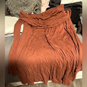 brown off the shoulder long sleeve mid thigh dress